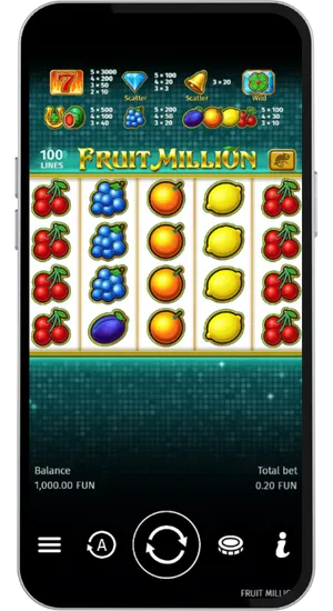 Searching Fruit Million in the casino lobby and launching it directly in the browser without download