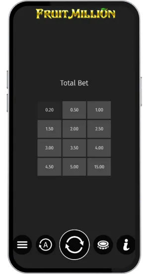 Adjusting the stake between £0.20 and £15.00 per spin using the bet controls in Fruit Million