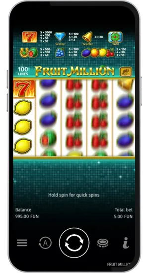Hitting the spin button or activating Autoplay to run the reels across 100 paylines in Fruit Million